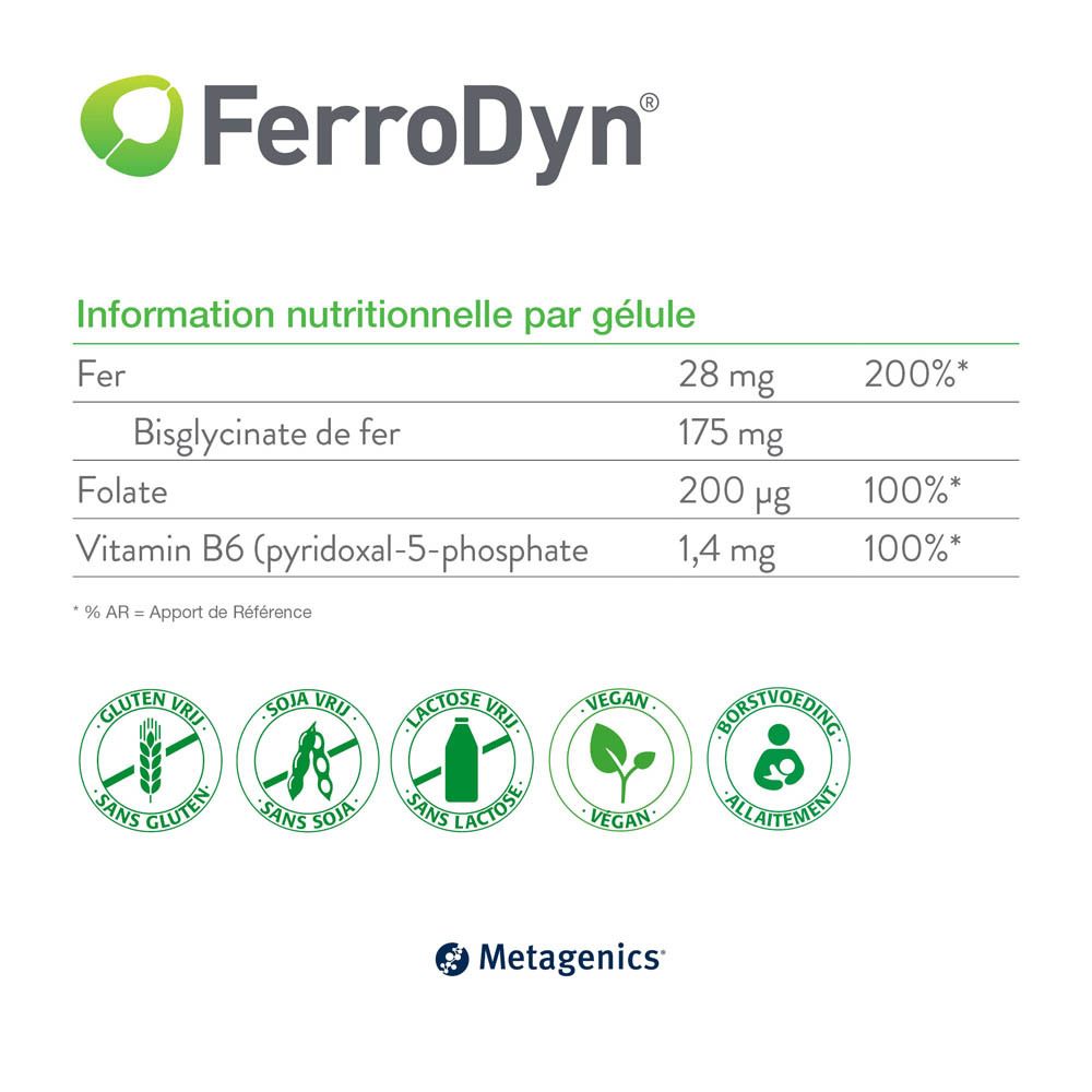 Boîte de FerroDyn® Kapseln, 30 gélules. Inscription: Metagenics.