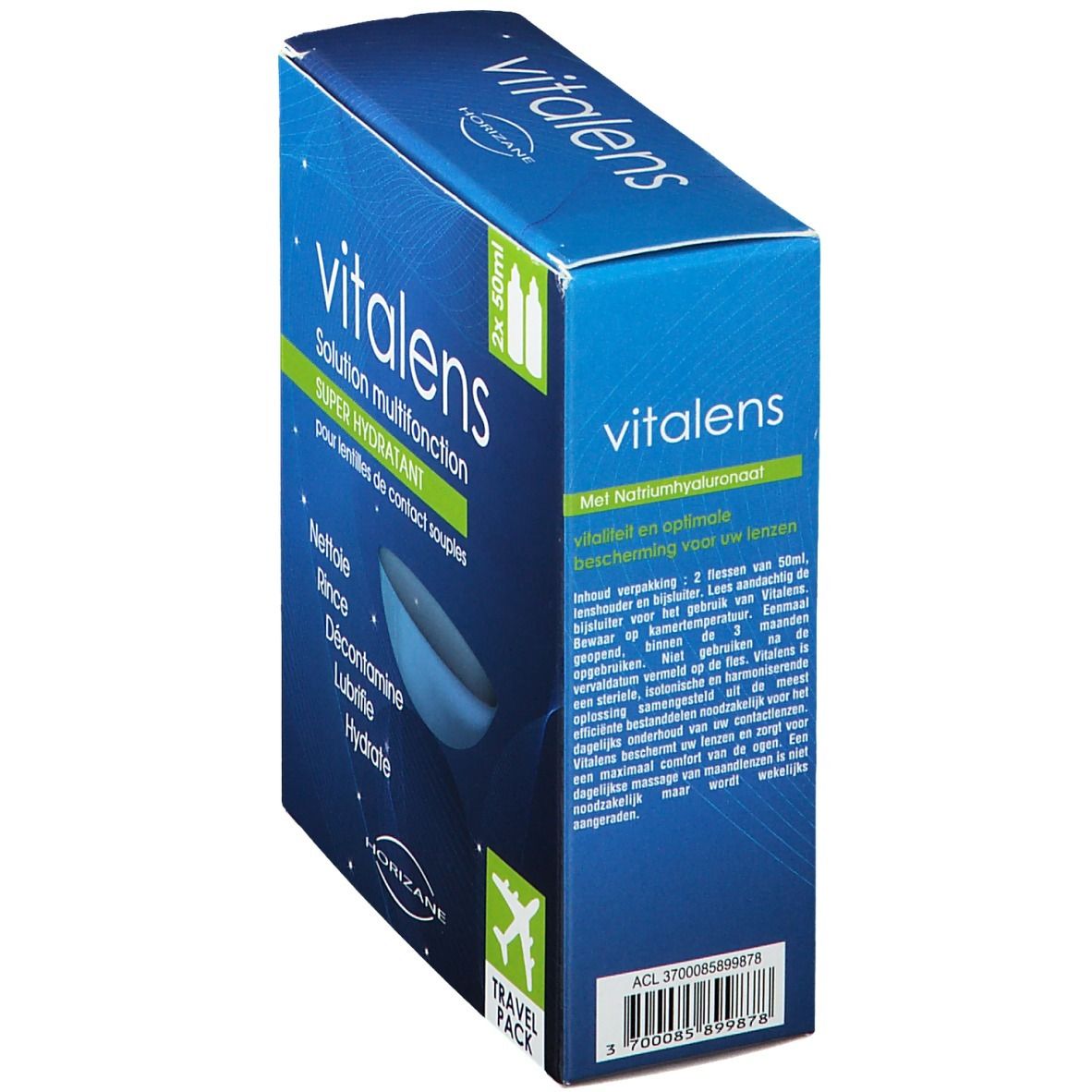 Boîte bleue Vitalens. Inscription: Solution multifonction, Super hydratant. Contient 2x50ml. Travel Pack. Vue latérale.