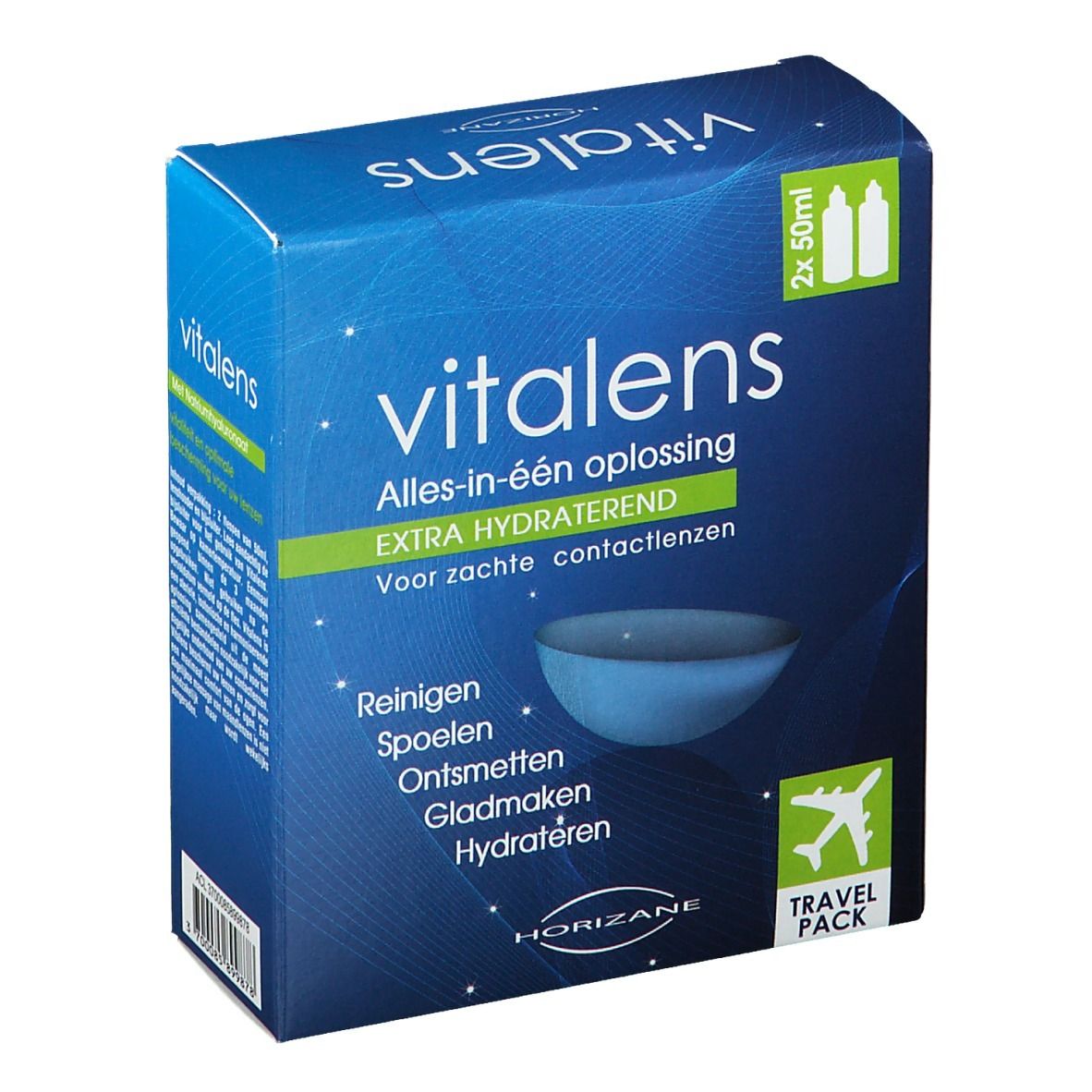 Boîte bleue Vitalens. Inscription: Alles-in-één oplossing, Extra hydraterend. Contient 2x50ml. Travel Pack.