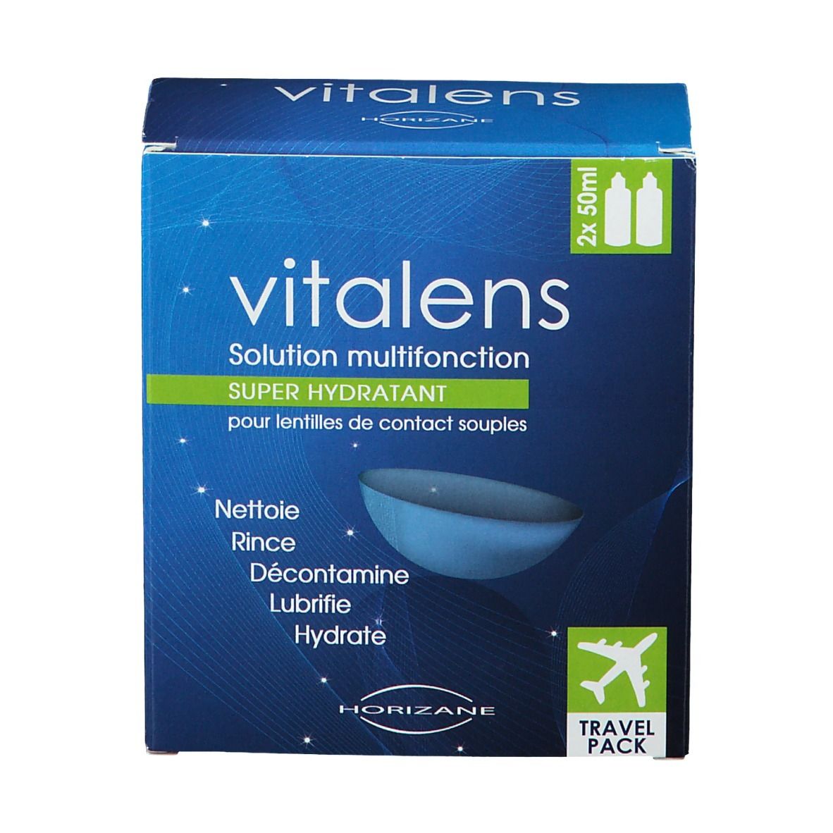 Boîte bleue et blanche Vitalens. Inscription: Solution multifonction, Super hydratant. Contient 2x50ml. Travel Pack.