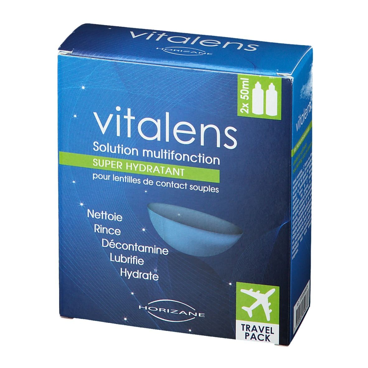 Boîte bleue et blanche Vitalens. Inscription: Solution multifonction, Super hydratant. Contient 2x50ml. Travel Pack.