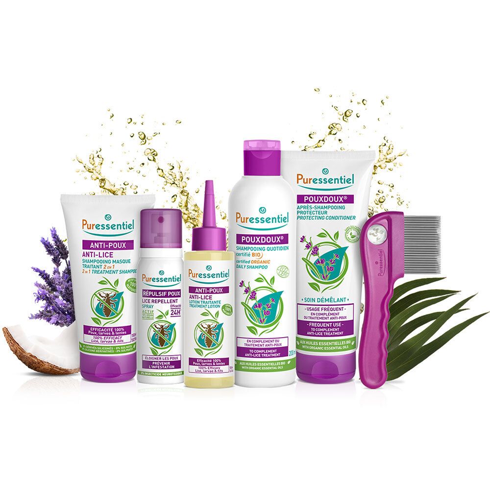 Verschiedene Puressentiel-Produkte: Shampoo, Spülung, Anti-Läuse-Produkte und Kamm.