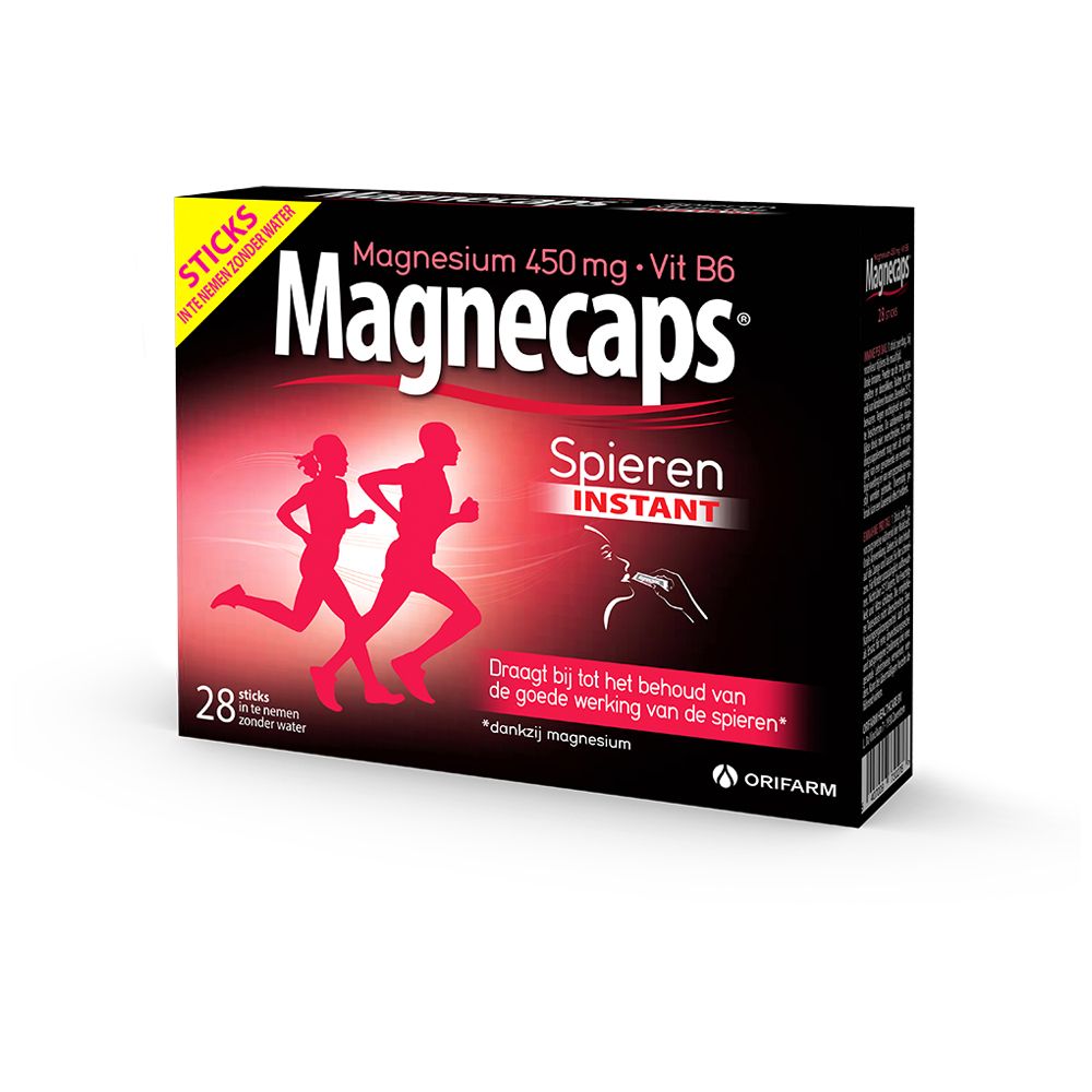 Schachtel Magnecaps, 28 Sticks. Enthält Magnesium 450 mg + Vit B6. Läufer-Illustration. Text: Spieren Instant.