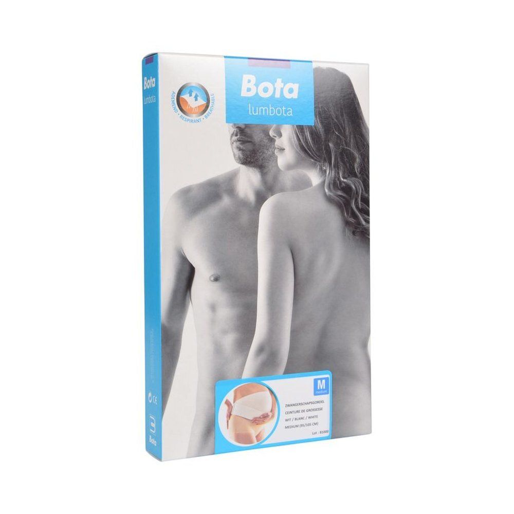 Emballage d'une ceinture de grossesse blanche, taille M, avec des images de couples et de variantes du produit.