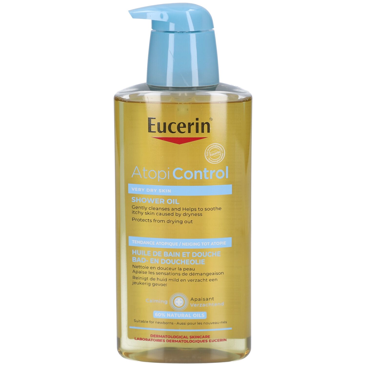 Eucerin AtopiControl Dusch- und Badeöl. Flasche mit blauem Pumpverschluss. Gelbliche Flüssigkeit. Produktetikett mit Text.