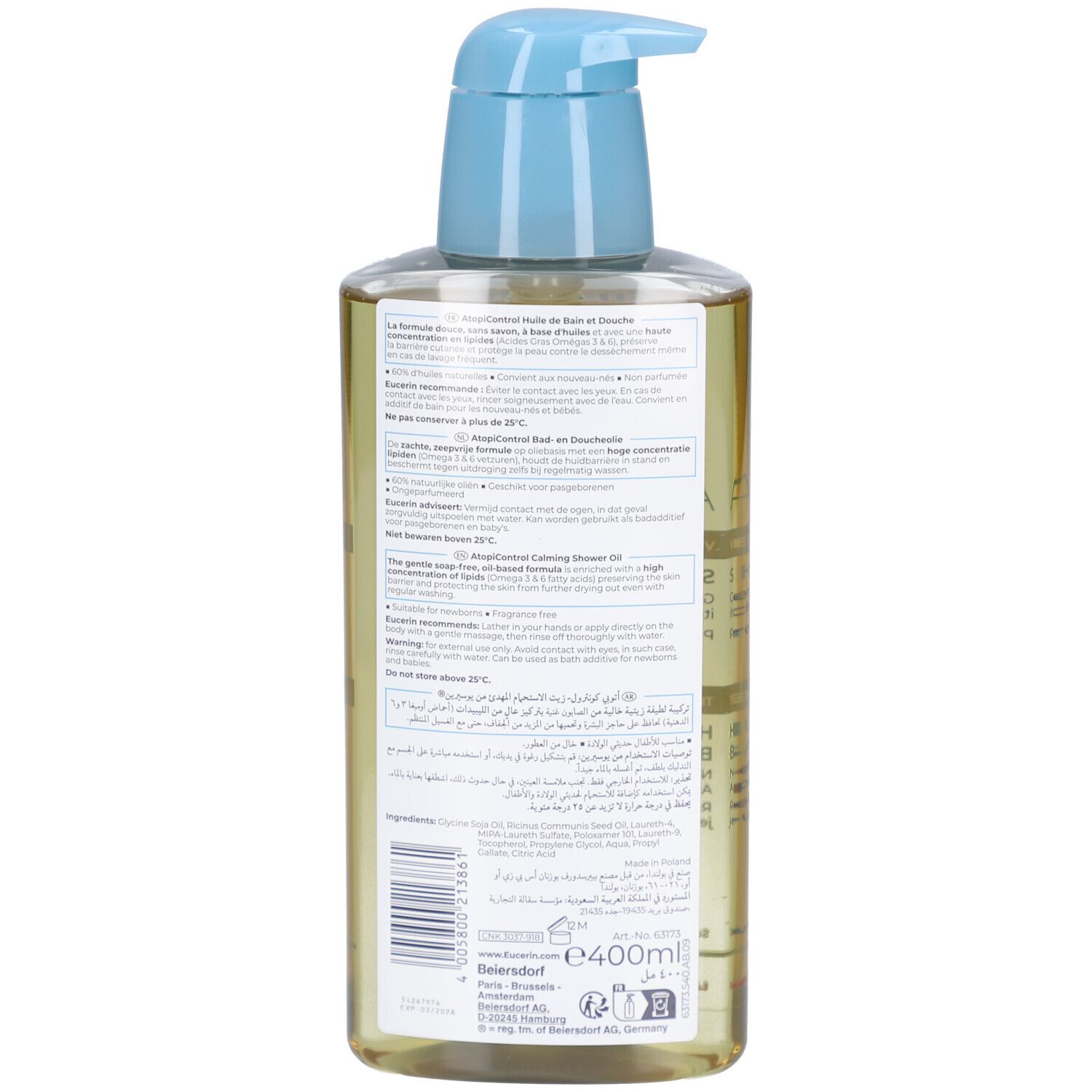 Rückseite der Eucerin AtopiControl Dusch- und Badeöl Flasche. Text in verschiedenen Sprachen. 400ml.
