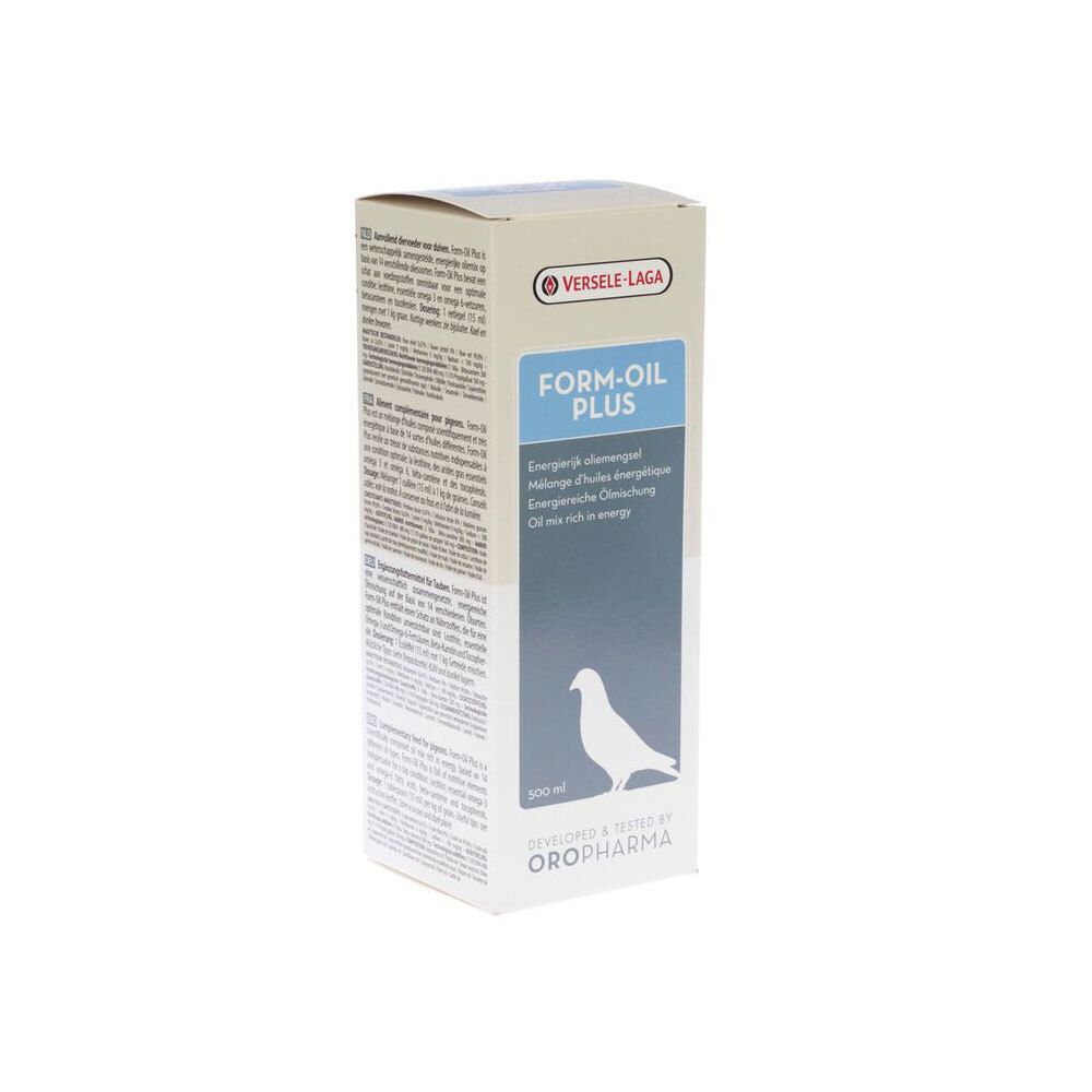 Boîte avec inscription: FORM-OIL PLUS. Marque: Versele-Laga. 500 ml. Silhouette de pigeon.