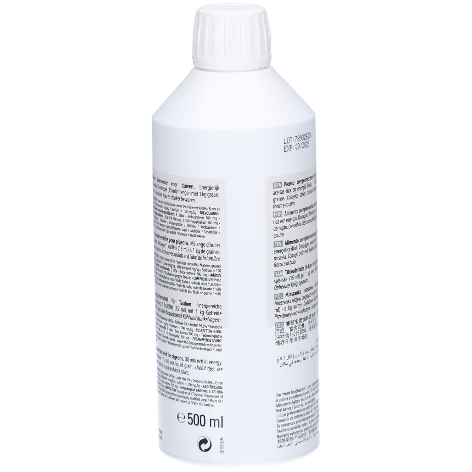 Rückseite der weißen Flasche. Text in mehreren Sprachen. Aufschrift: FORM-OIL PLUS. 500 ml. Inhaltsstoffe.