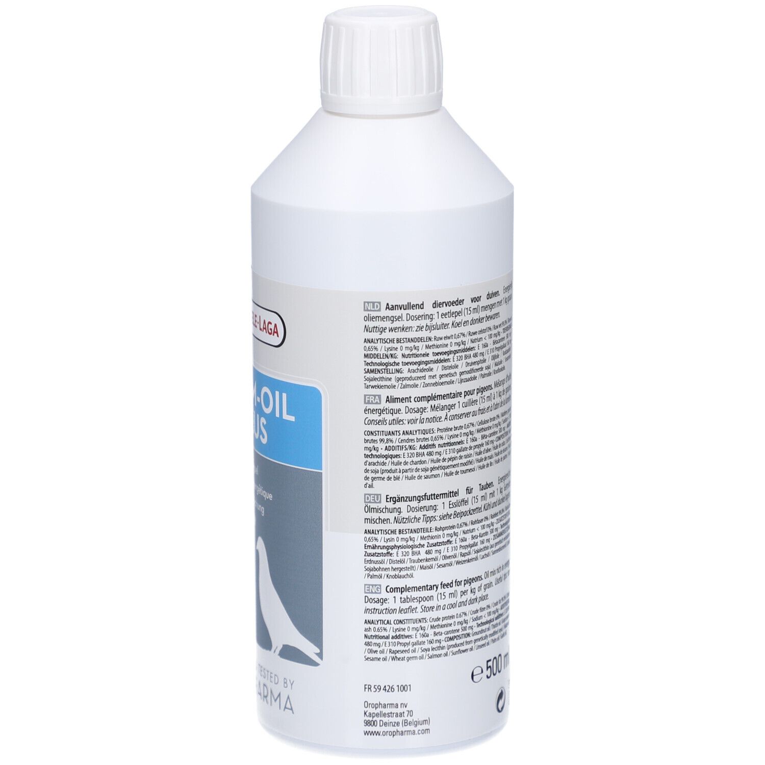 Rückseite der weißen Flasche. Text in mehreren Sprachen. Aufschrift: FORM-OIL PLUS. 500 ml. Dosierung.