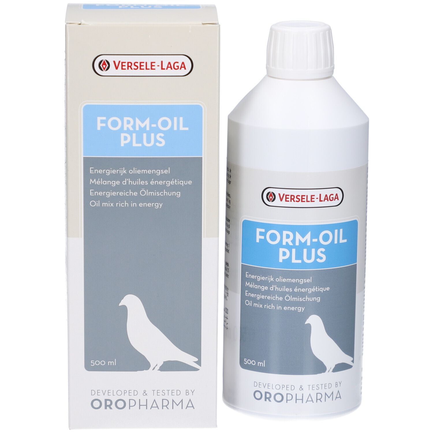 Produktflasche und Karton. Aufschrift: FORM-OIL PLUS. Marke: Versele-Laga. 500 ml. Mit Tauben-Silhouette.