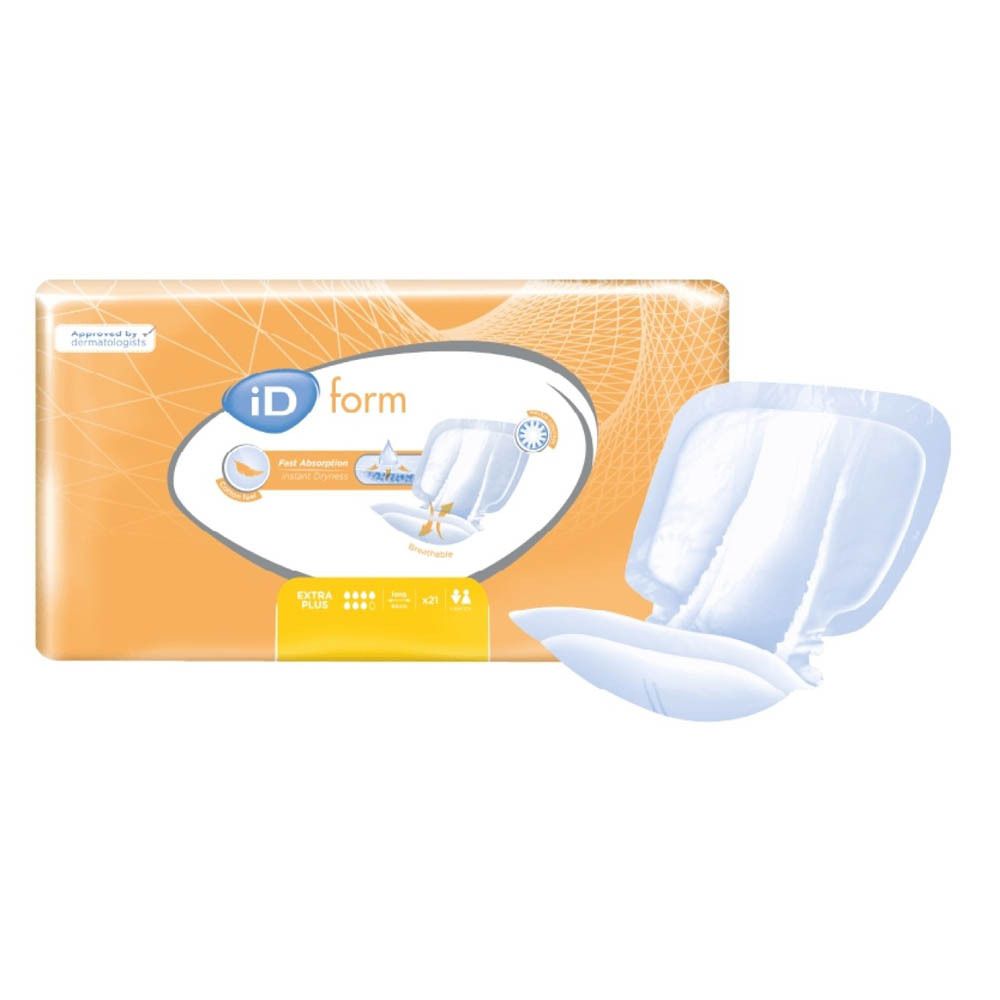 iD Form protections d'incontinence sur emballage orange. Produit et pictogrammes visibles. Extra Plus.