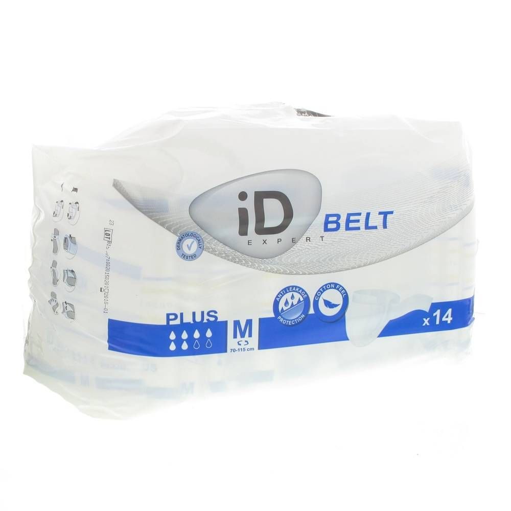 Verpackung iD Expert Belt Plus M, 14 Stück. Weiße Folienverpackung mit Logo und Produktinformationen.