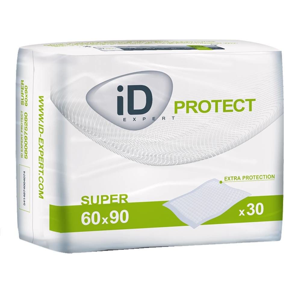 Paquet de iD EXPERT Protect Super 60x90. Emballage blanc et vert avec informations et logo. 30 unités.