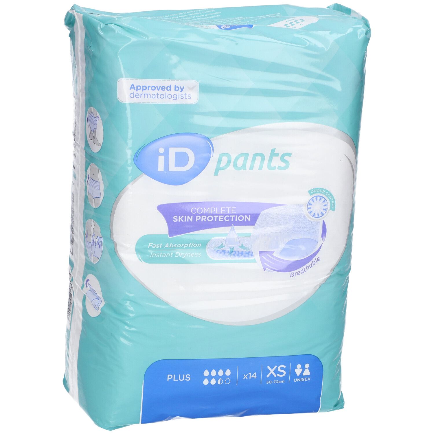 Emballage iD Pants Plus Gr. XS. Film bleu clair avec image et texte du produit. Caractéristiques et certifications.