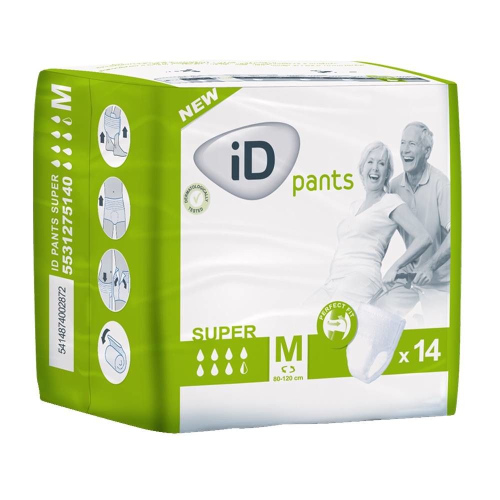 Paquet iD Pants Super M. Emballage vert et blanc avec illustration et pictogrammes. Contient 14 unités. Taille M.