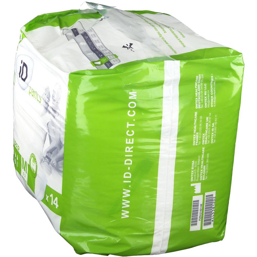 Dos du paquet iD Pants Super M. Emballage plastique vert et blanc avec informations et code-barres. Contient 14 unités.