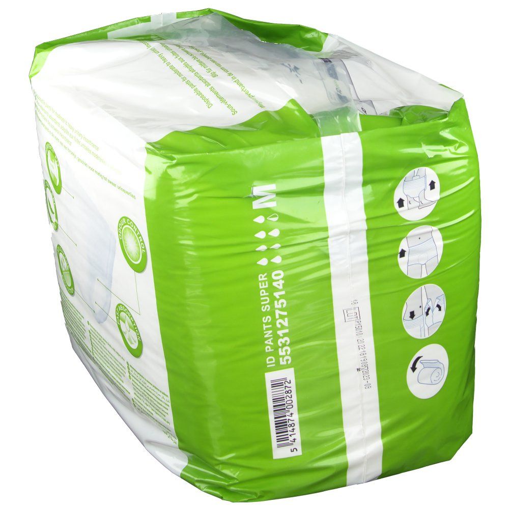 Paquet iD Pants Super M en biais. Emballage plastique vert et blanc avec informations et pictogrammes. Contient 14 unités.