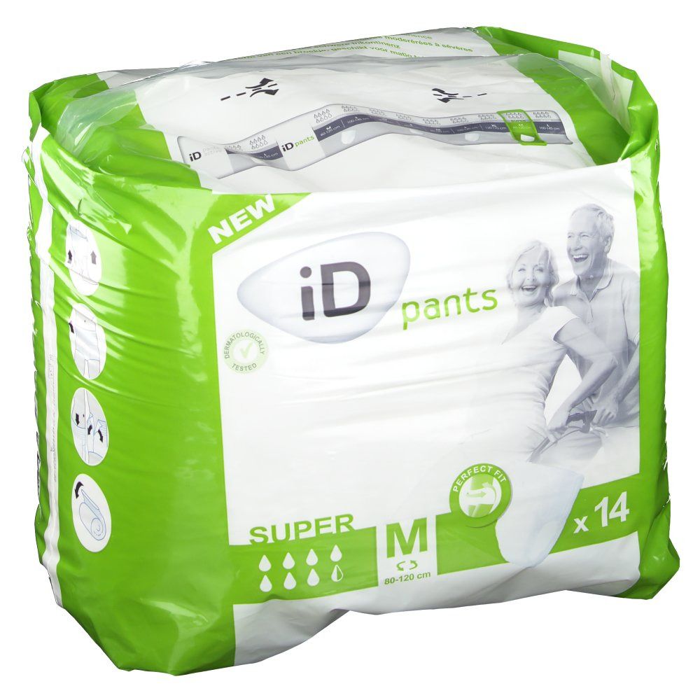 Paquet iD Pants Super M. Emballage vert et blanc avec illustration et pictogrammes. Contient 14 unités. Taille M.