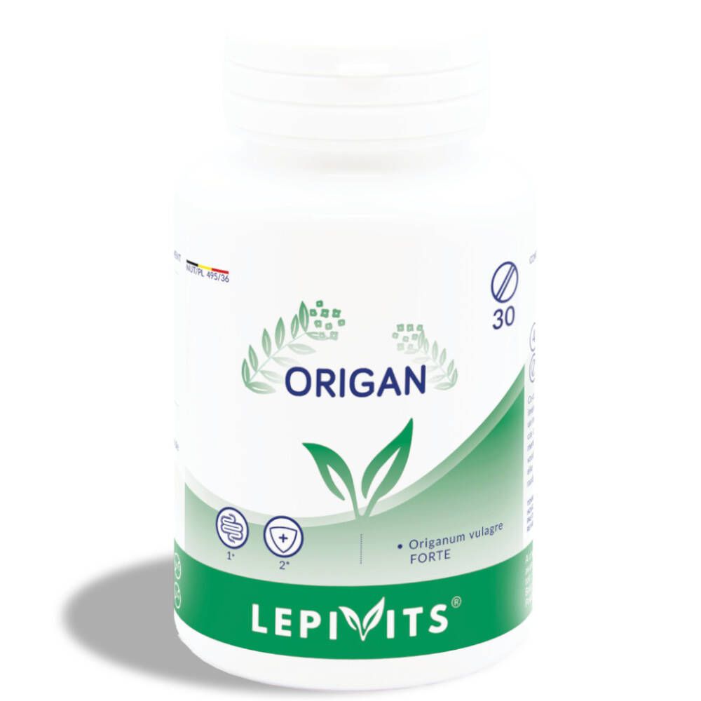 Weiße Flasche mit LEPIVITS® Oregano. Aufschrift: ORIGAN, 30 Tabletten. Grün-weiße Etikettierung.