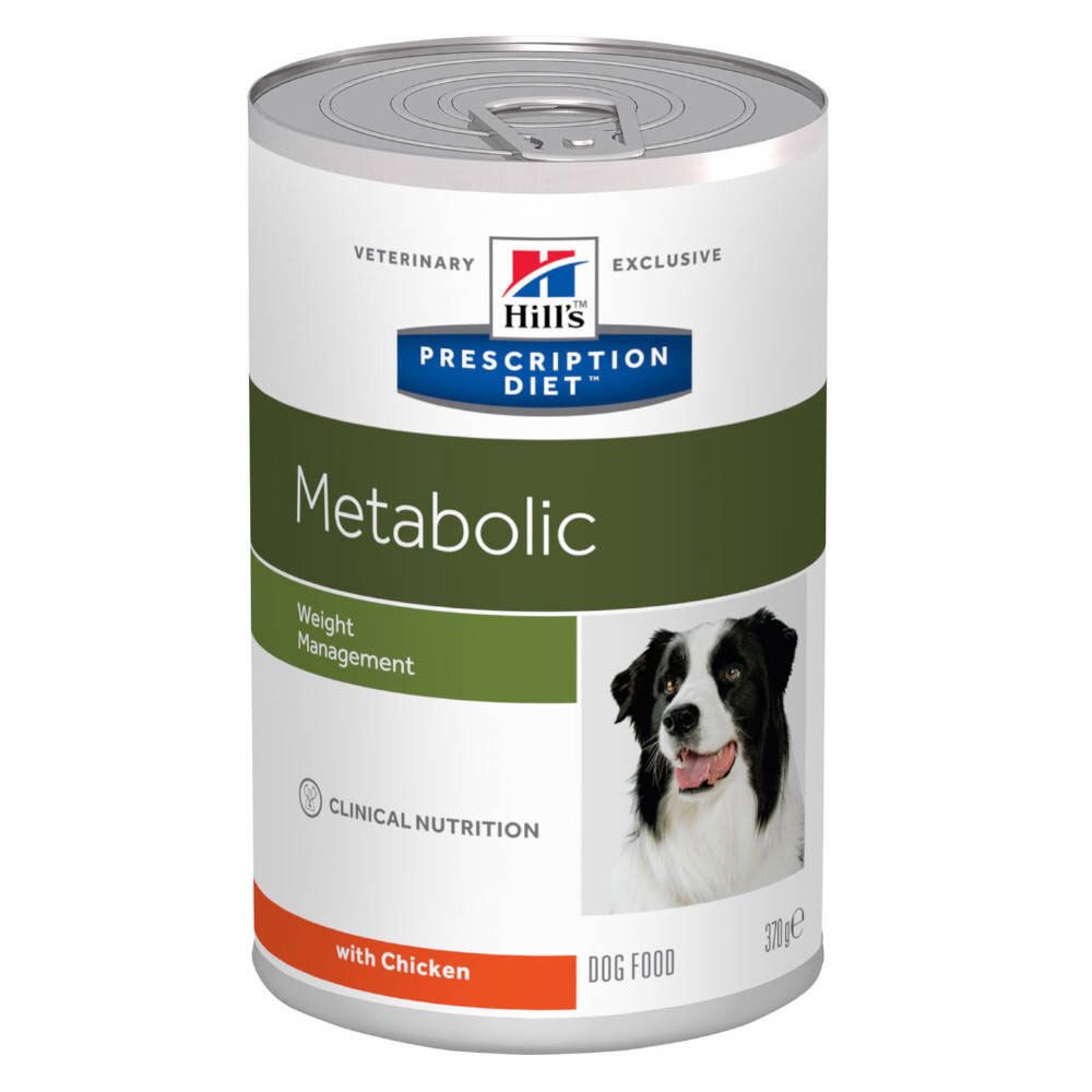 Boîte de nourriture pour chiens Hill's Prescription Diet Metabolic. Étiquette verte et blanche avec chien, texte et logo.