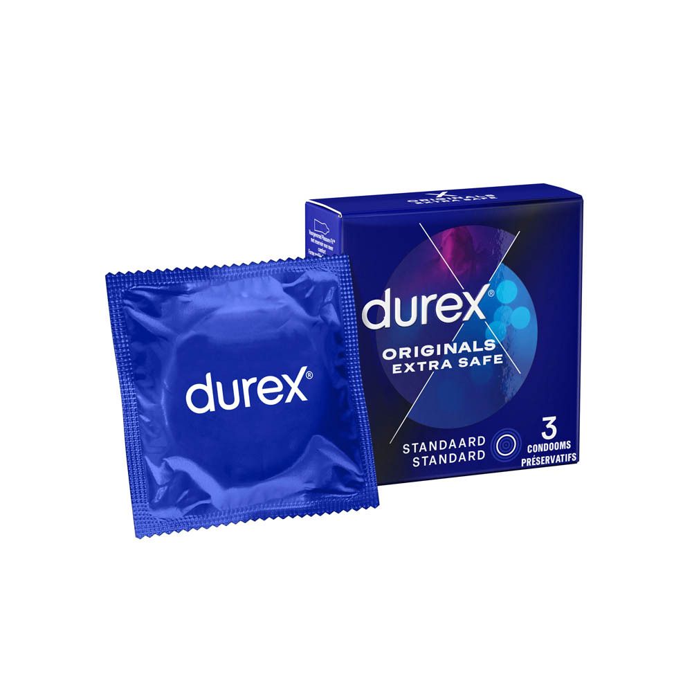 Préservatif Durex Originals Extra Safe et emballage. Boîte bleue avec 3 préservatifs.