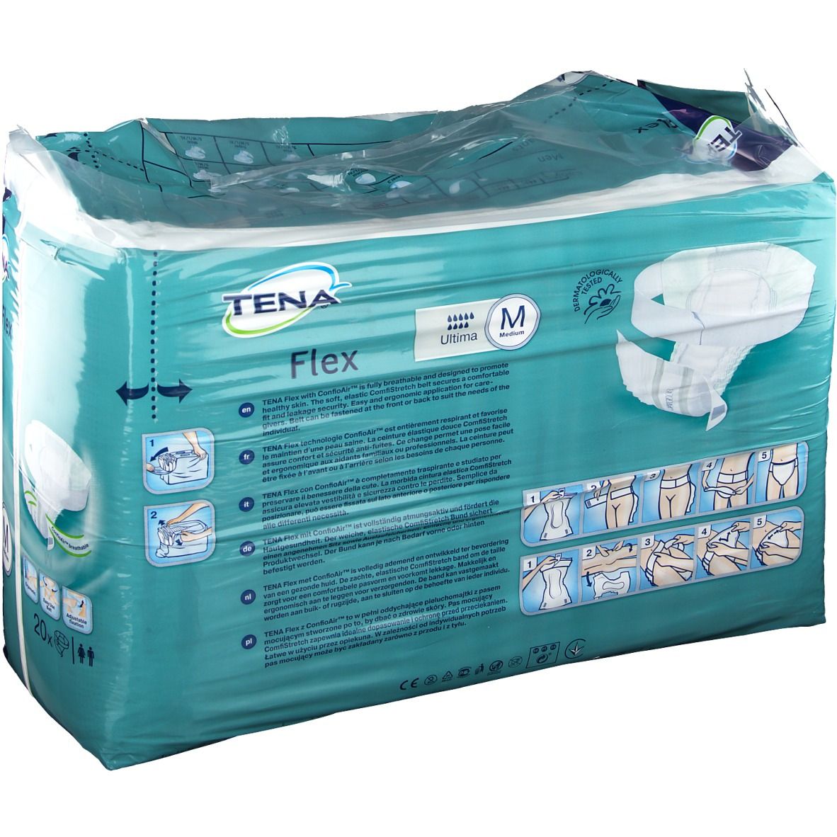 Verpackung Tena Flex Ultima Medium. Marke und Produktbezeichnung sichtbar. Größe M. 20 Stück. Rückseite mit Text.