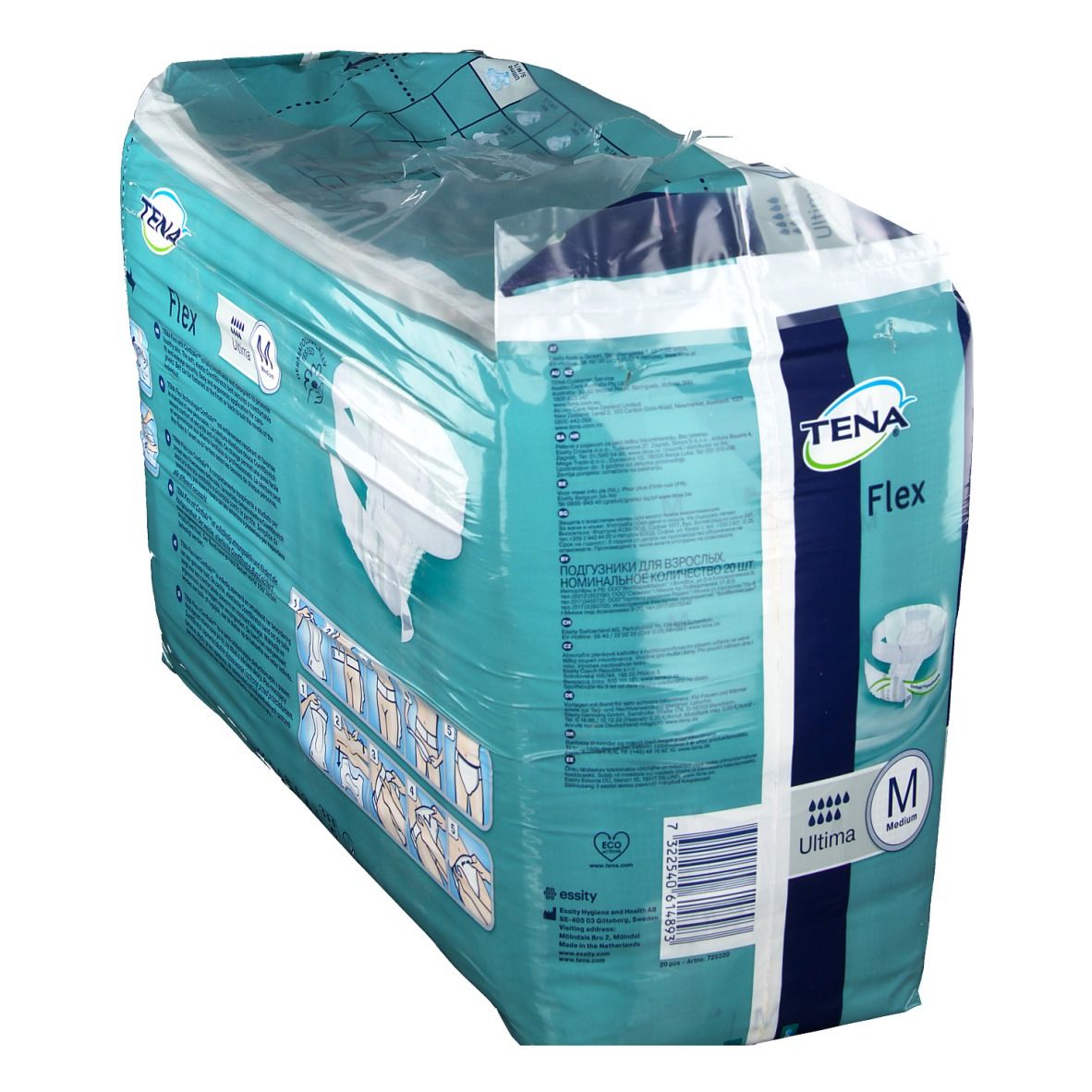 Verpackung Tena Flex Ultima Medium. Marke und Produktbezeichnung sichtbar. Größe M. 20 Stück. Schrägansicht.
