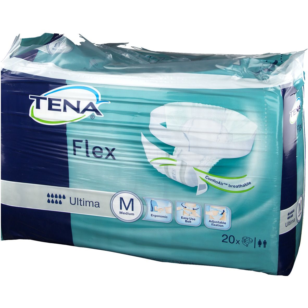 Verpackung Tena Flex Ultima Medium. Marke und Produktbezeichnung sichtbar. Größe M. 20 Stück. Merkmale abgebildet.