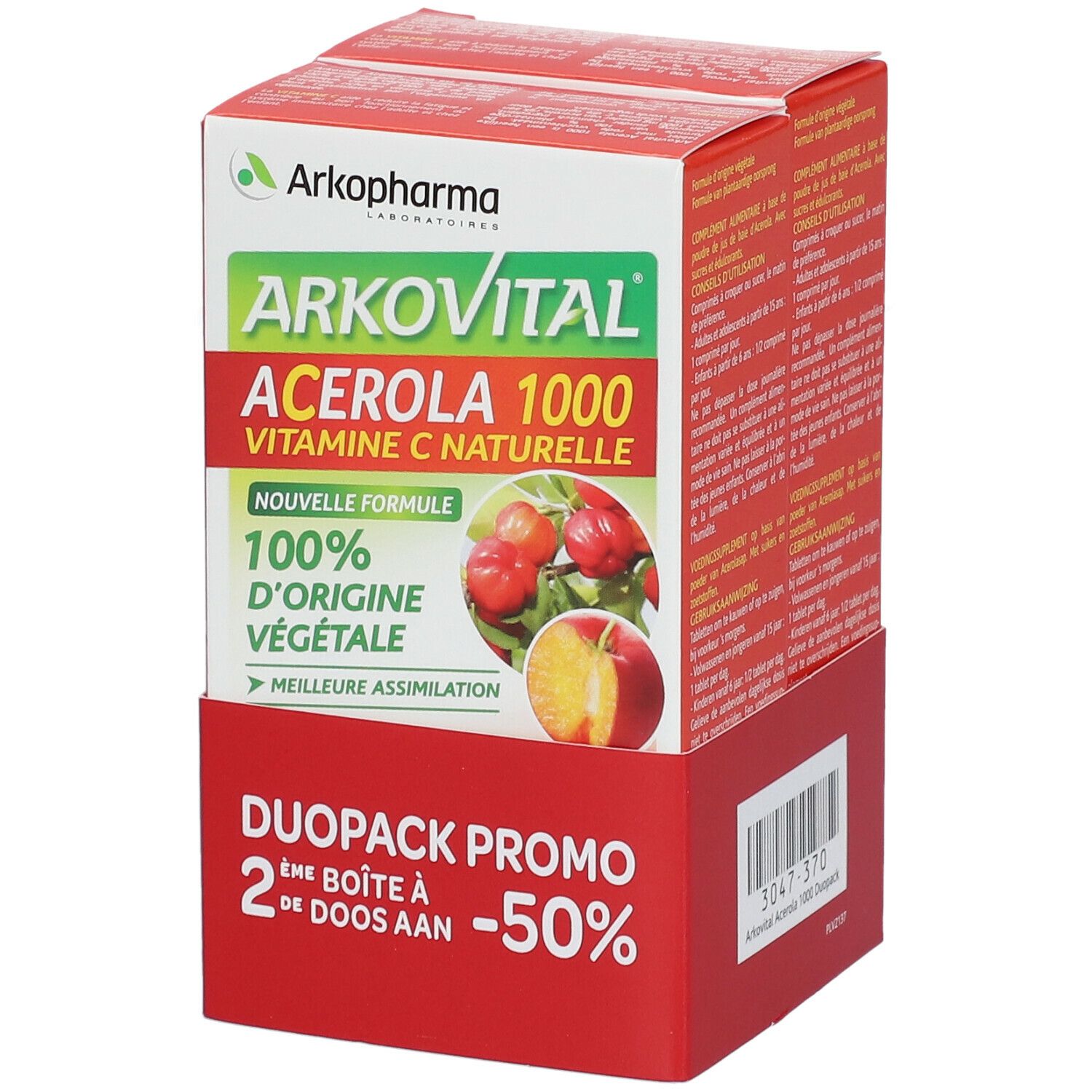 Boîte Arkopharma Arkovital Acerola 1000. Emballage rouge et blanc avec informations et logo. Image de fruits d'acérola.