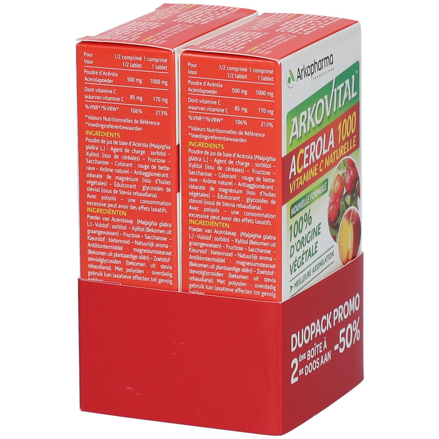 Deux boîtes Arkopharma Arkovital Acerola 1000 côte à côte. Informations produit sur les côtés. Liste des ingrédients et informations nutritionnelles.