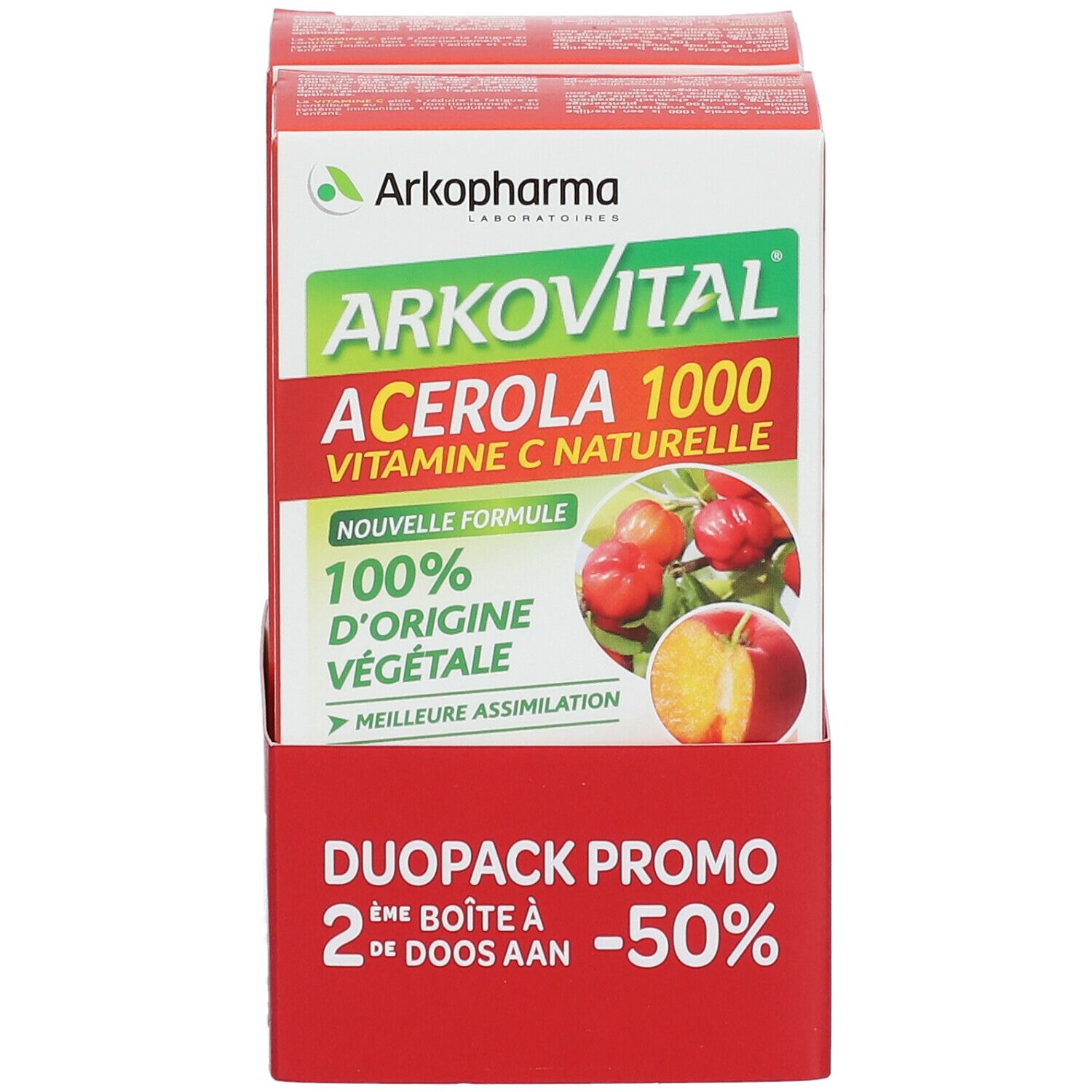 Boîte Arkopharma Arkovital Acerola 1000. Emballage rouge et blanc avec informations et logo. Image de fruits d'acérola.