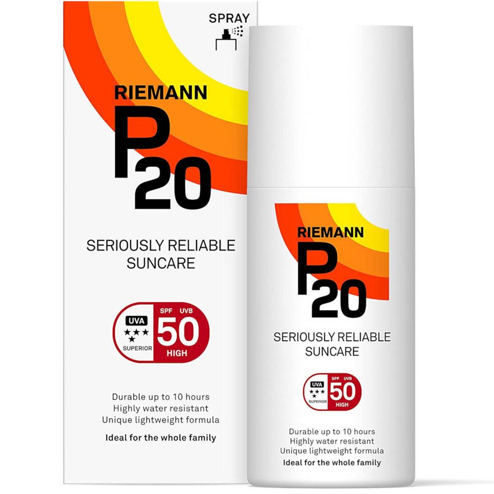 Riemann P20 Sonnenschutz SPF50+ Spray und Verpackung. Weißes Spray mit rotem, gelbem Logo. SPF 50.