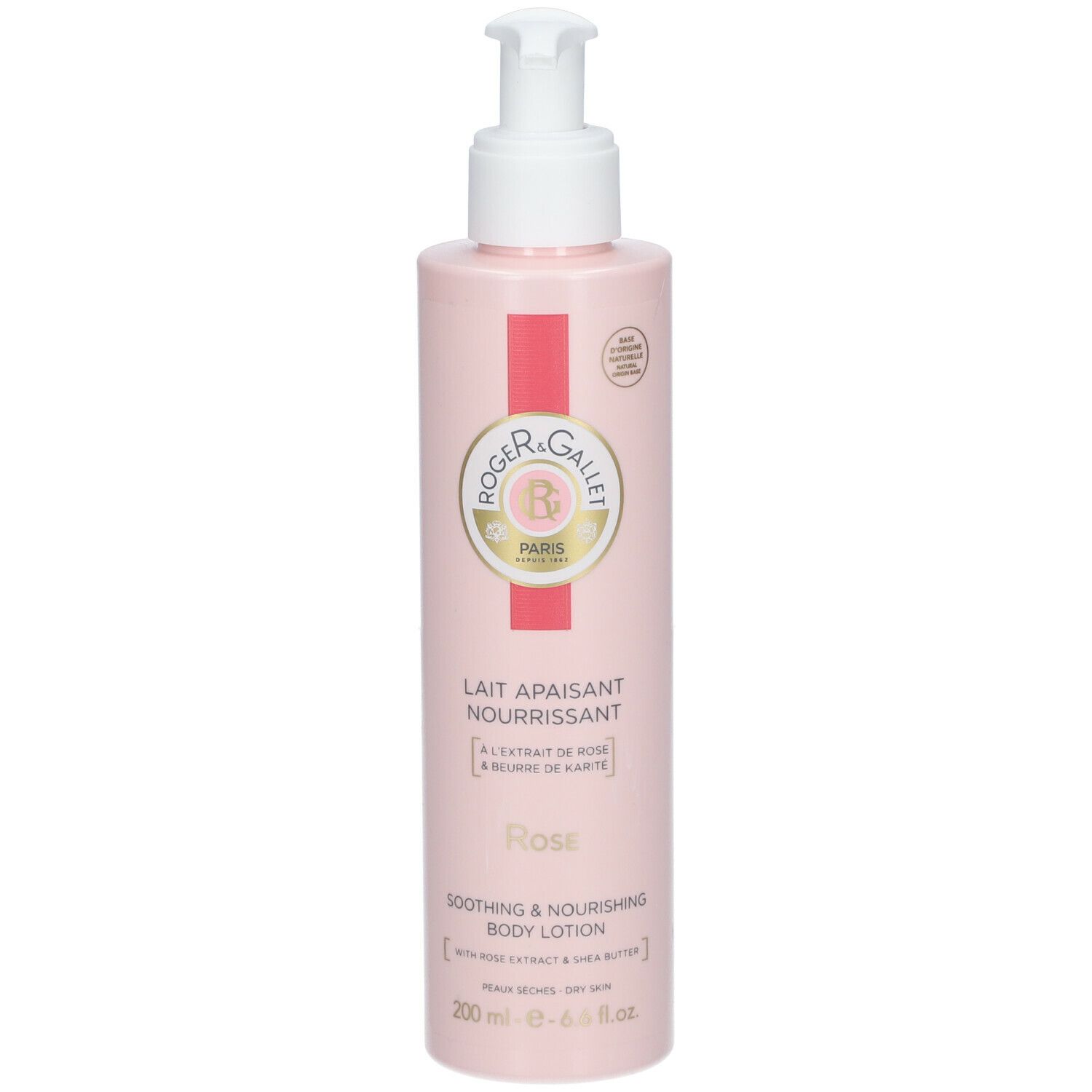 Rosa Körperlotion mit Pumpverschluss. Text: Roger & Gallet, Lait Apaisant Nourrissant, Rose, Soothing & Nourishing Body Lotion.