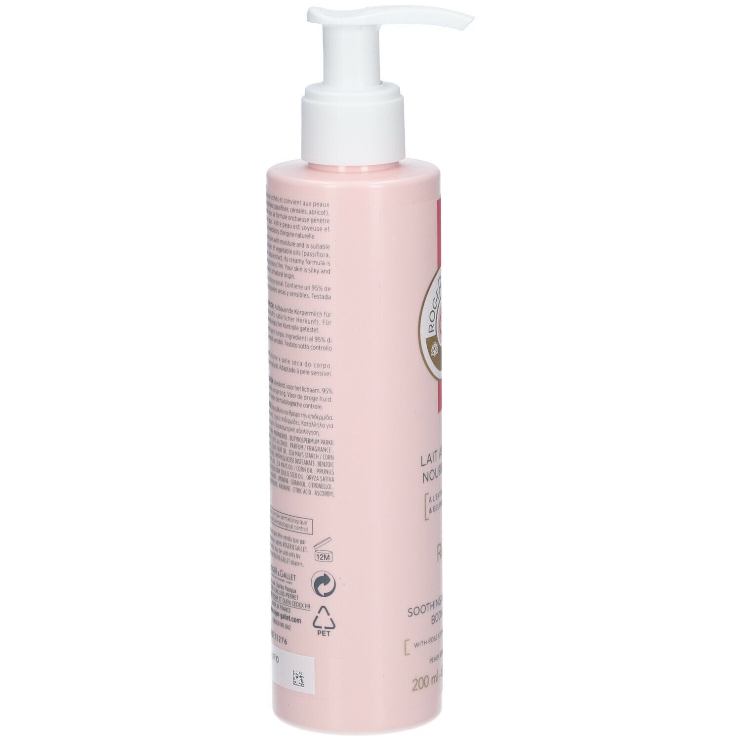 Rosa Körperlotion mit Pumpverschluss. Rückseite mit Text. Logo: Roger & Gallet.