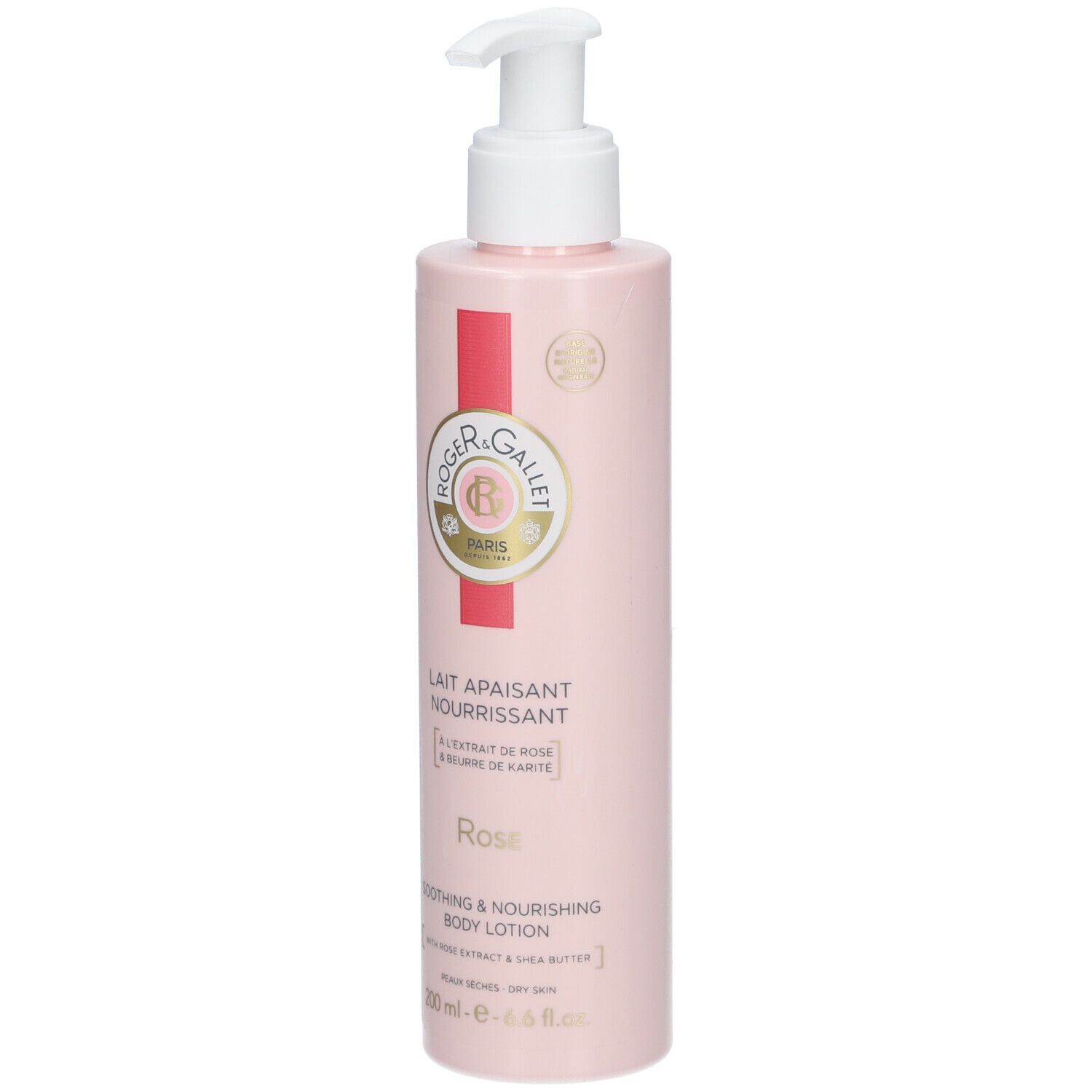 Rosa Körperlotion mit Pumpverschluss. Text: Roger & Gallet, Lait Apaisant Nourrissant, Rose, Soothing & Nourishing Body Lotion.