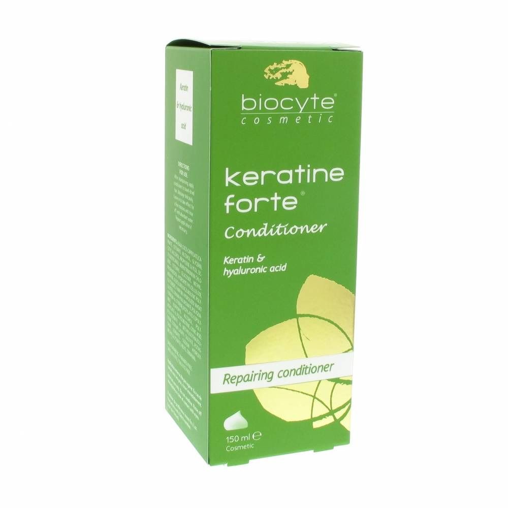 Grüne Schachtel mit Produktnamen und Logo. Text: Keratine Forte Conditioner, Keratin & hyaluronic acid.