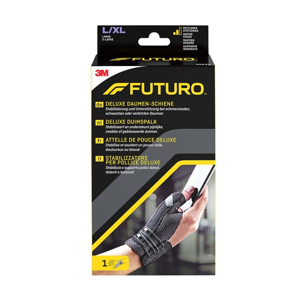 3M™ FUTURO™ Deluxe Daumen-Schiene L/XL. Schwarze Daumenbandage, Hand mit Smartphone. Verpackung.