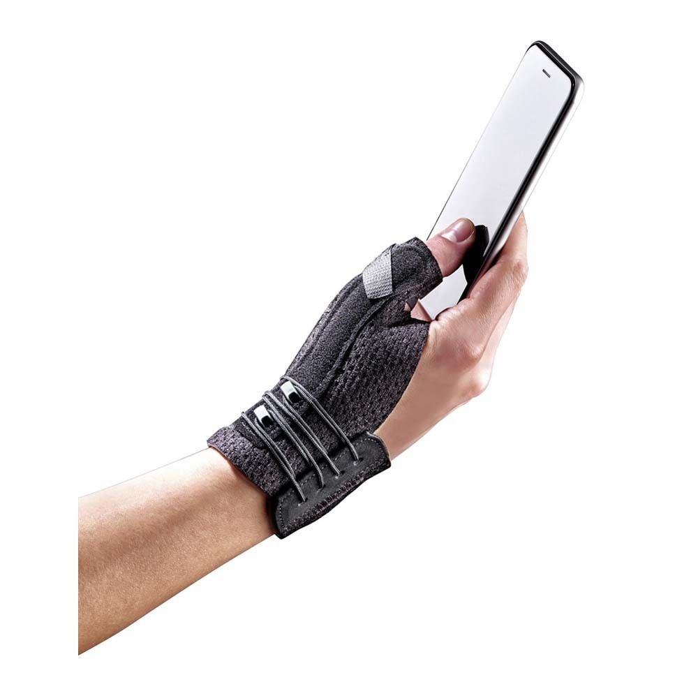 3M™ FUTURO™ Deluxe Daumen-Schiene L/XL. Verpackung mit Produktabbildung und Anleitungen.