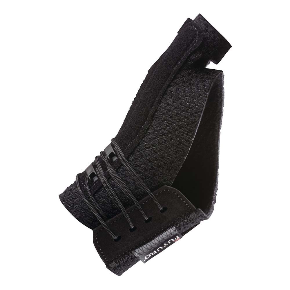 Rückseite der Daumenschiene. Schwarze Daumenschiene mit nummerierten Merkmalen. Text in Deutsch, Niederländisch, Französisch und Italienisch.