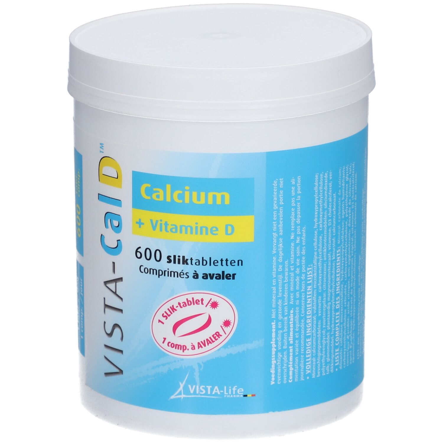 Weißer Behälter mit blauem Etikett. Aufschrift: Vista-Cal D, Calcium + Vitamin D, 600 Tabletten.