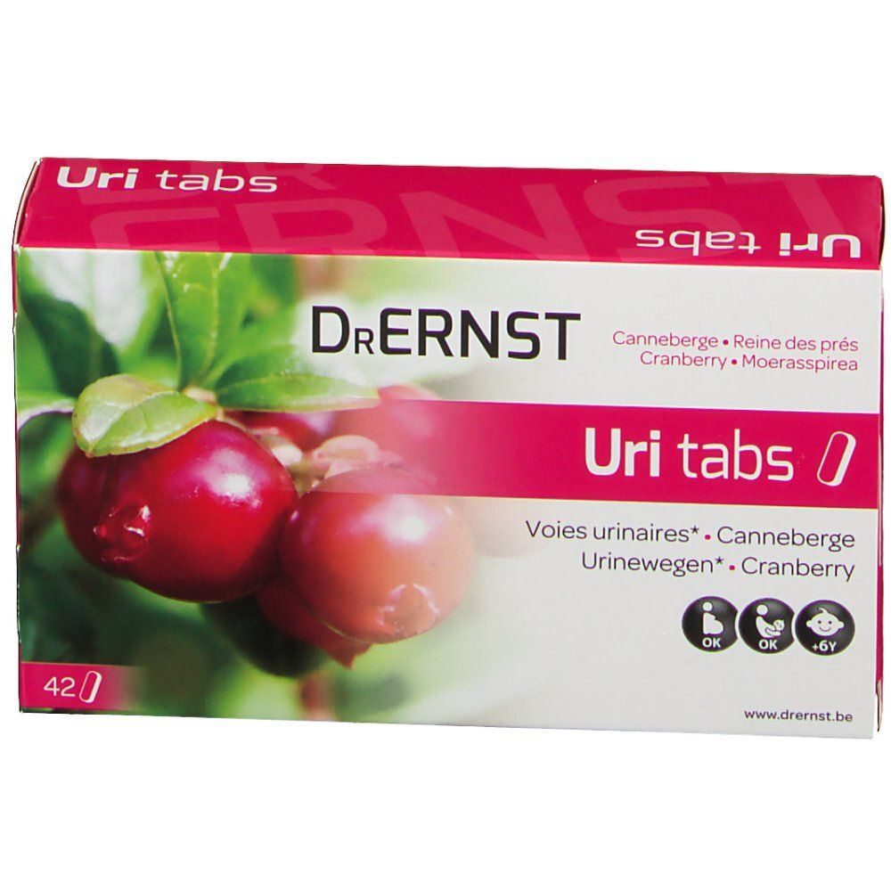 Boîte de Dr. Ernst Uritabs avec image de canneberges. Contient 42 comprimés. Inscriptions: Canneberge, Reine des prés, Voies urinaires, Cranberry. Âge.
