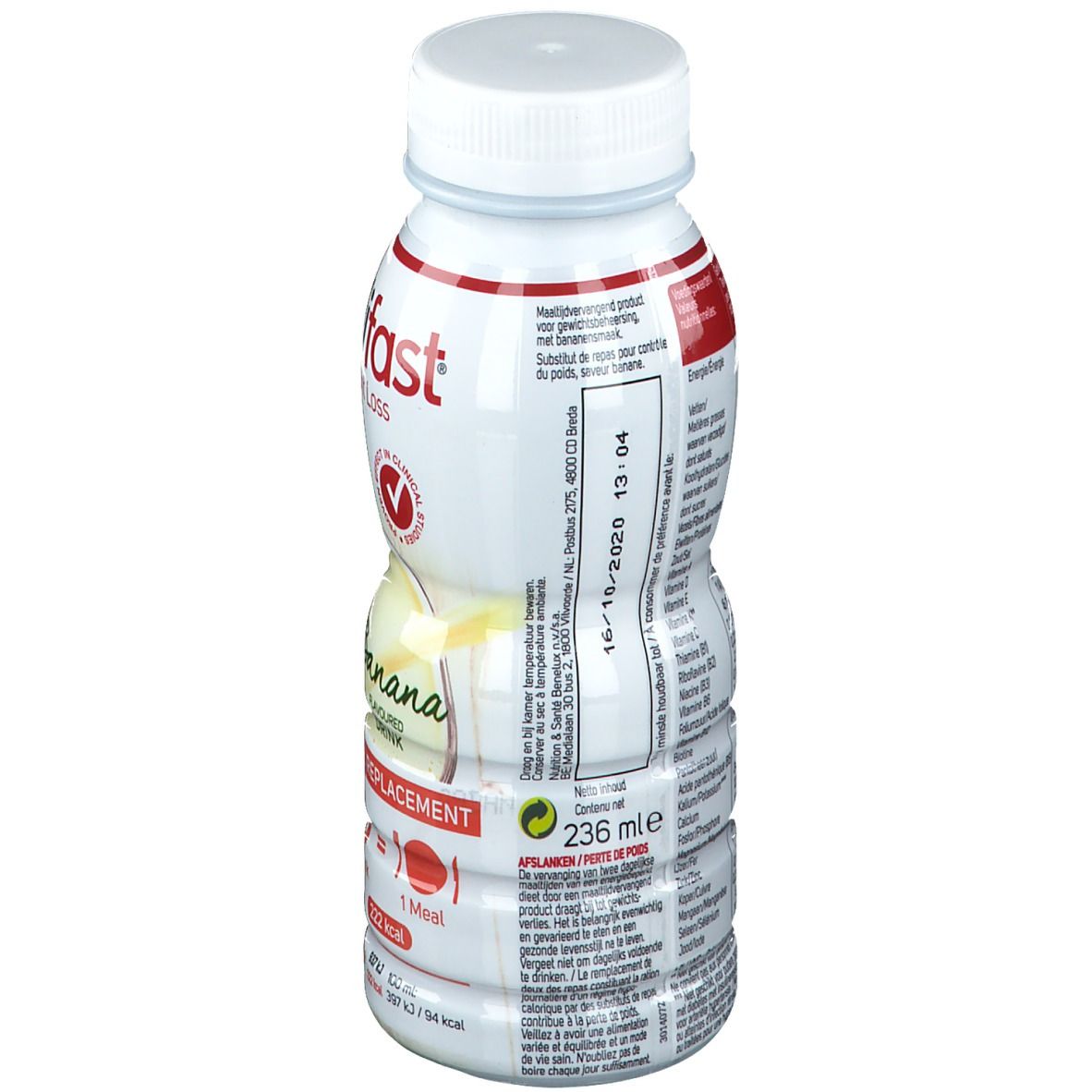 Bouteille blanche et rouge saveur banane. Contient 236 ml. Inscription: Modifast, Meal Replacement, Banane. Avec bouchon à vis.