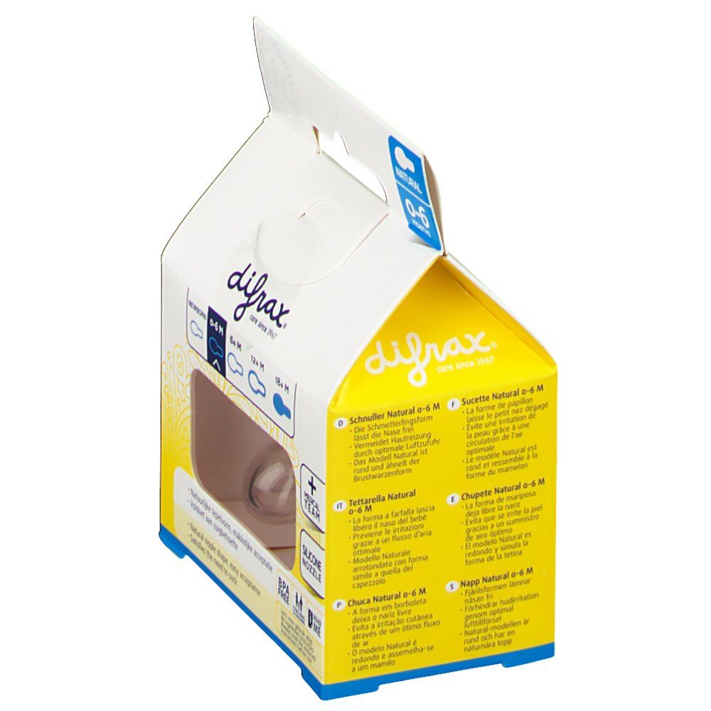 Verpackung mit rosa Schnuller. Sichtbar: Marke, Produktname, Altersempfehlung 0-6 Monate, und Produktinformationen.