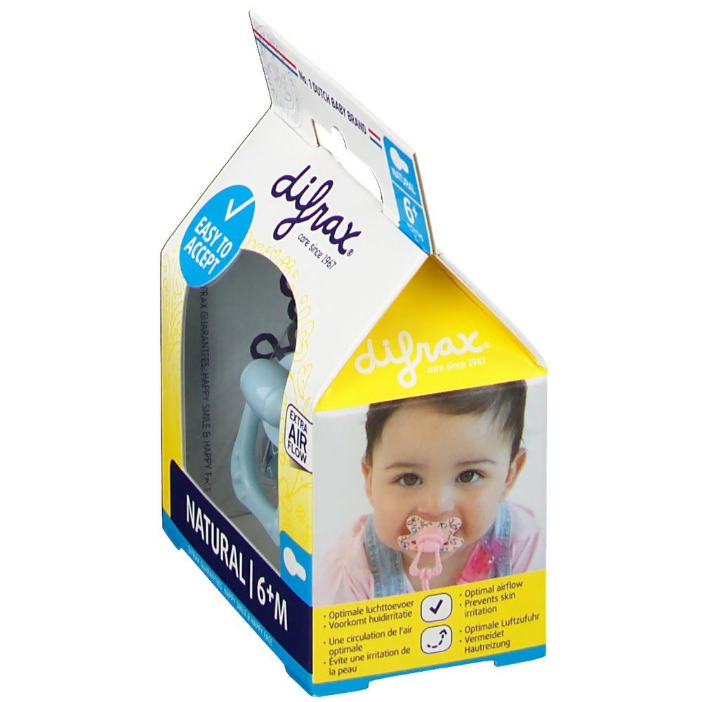 Verpackung mit Schnuller und Baby. Blau, 6+ Monate. Marke: difrax. "Easy to accept" und "Extra Air Flow" auf der Verpackung.