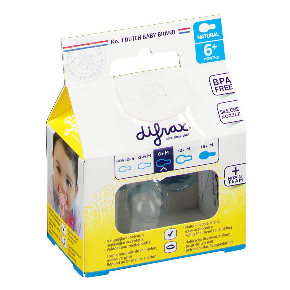 Verpackung mit Schnuller. Blau, 6+ Monate. Marke: difrax. BPA-frei und Silikon-Sauger. Geeignet für 0-6, 6-12 und 12+ Monate.