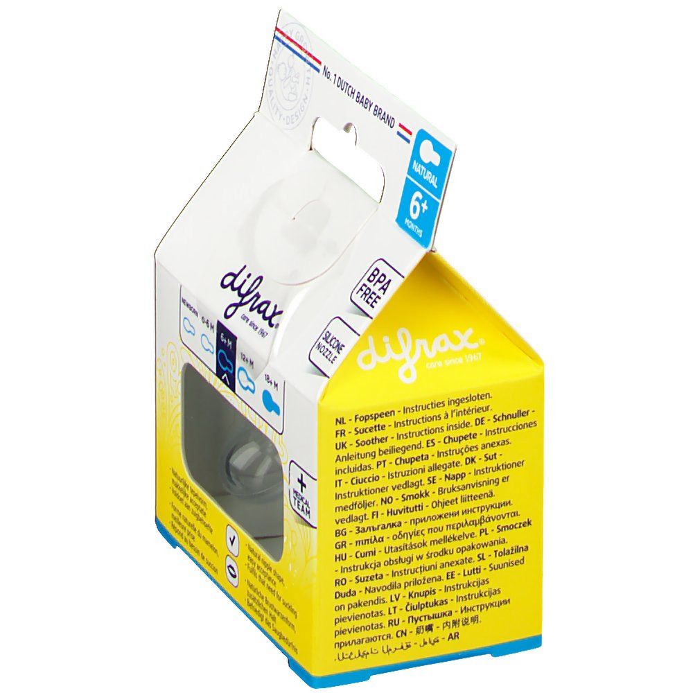 Verpackung mit Anweisungen. Marke: difrax. Geeignet für 6+ Monate. BPA-frei und Silikon-Sauger. Mehrere Sprachen.