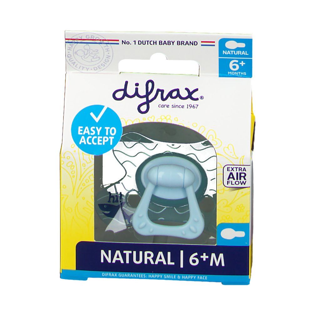 Verpackung mit Schnuller. Blau, 6+ Monate. Marke: difrax. "Easy to accept" und "Extra Air Flow" auf der Verpackung.