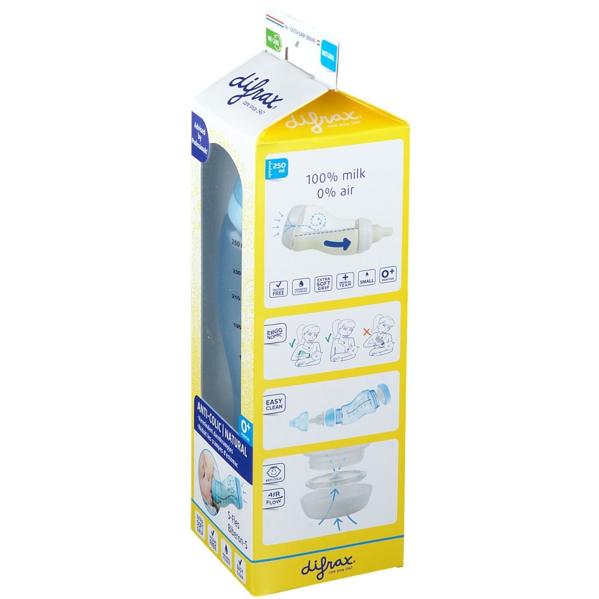 difrax® S-Babyflasche - Natural - Blau 250 ml +0m