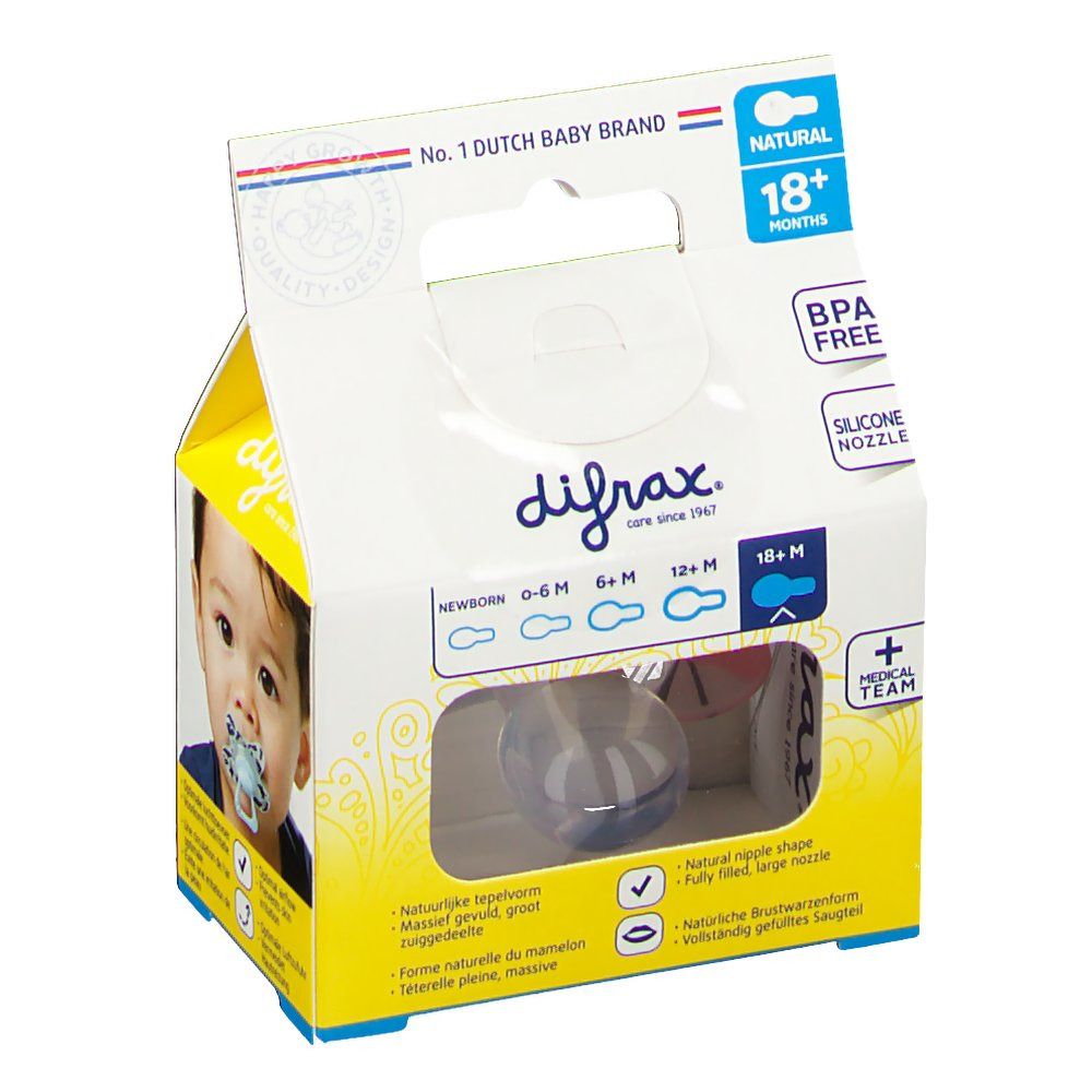 Verpackung mit Schnuller. Sichtbar: transparente Schnuller, Aufschrift "18+ Monate", "BPA FREE", "Silicone Nipple".