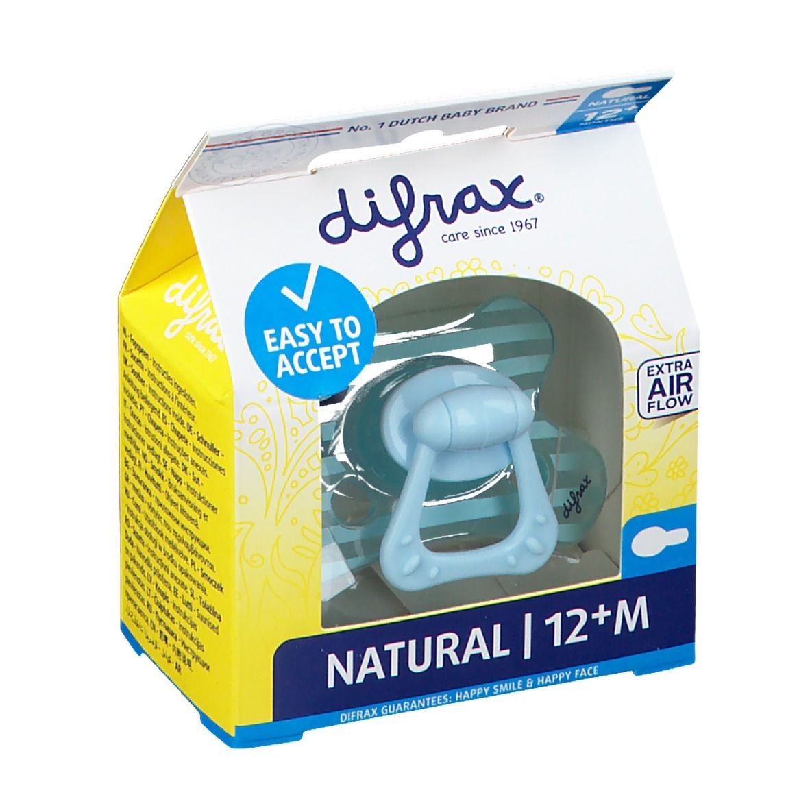 Verpackung mit Schnuller. Blau, mit Griff. Text: Difrax, Natural 12+M, Easy to Accept, Extra Air Flow.